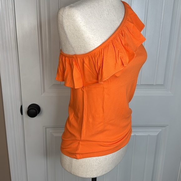 Loft Ruffle Ribbed One Shoulder Tank Top Sz M Orange - Picture 5 of 10